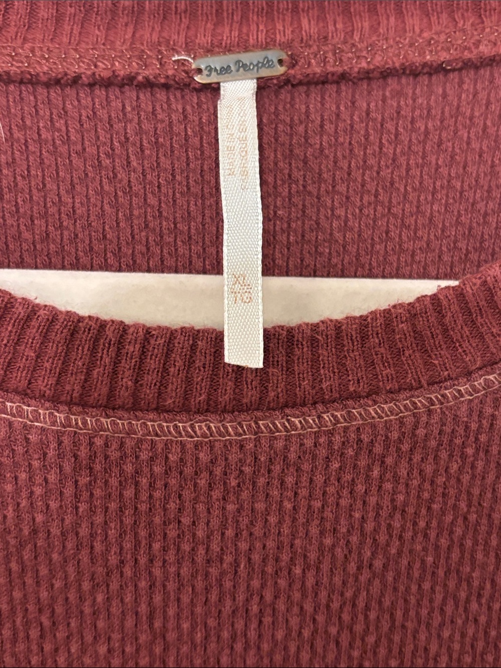 Free People Maroon Waffle-Knit Long Sleeve Top with Patterned Knit Cuffs - Picture 2 of 6
